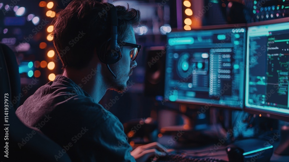 Specialist Focused on Voice over IP Technology in a High-Tech Communication Environment at Night Specialist Focused on Voice over IP Technology in a High-Tech Communication Environment at Night