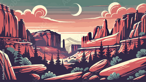 Illustration of Chesler Park, Utah, United States Park with unique rock formations that offer extraordinary natural panoramas