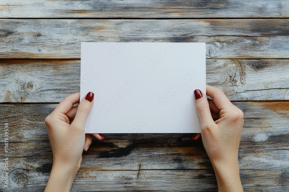 Hands hold blank white card on wood table. Hands hold blank white card on wood table.