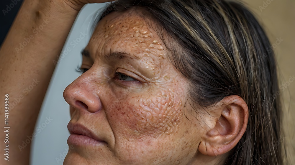 Obraz premium Closeup Portrait of a Woman with Severe Skin Condition Showing Textured Facial Skin