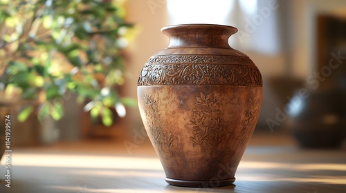 Ornate traditional clay urn with natural textures, highlighting the craftsmanship of earthenware pottery