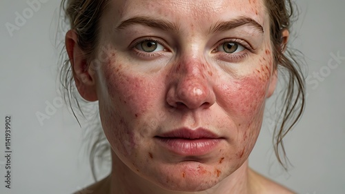 Closeup Portrait of a Woman with Red, Inflamed Skin  Showing Signs of  Severe Skin Condition