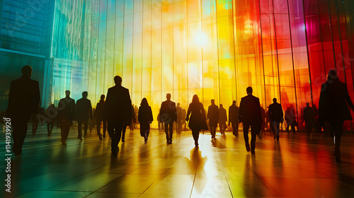 Silhouettes of People Walking Towards Vibrant Building, Illuminated by Sunset, Creating a Dynamic Urban Scene.