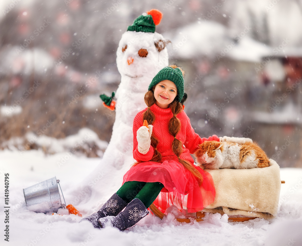 Kid girl makes snowman on winter frosty day. Child makes nose out of carrot. Outdoor family fun on Christmas vacation in the winter new year