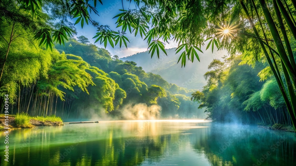 Serene morning mist over a tranquil lake nestled within a lush bamboo forest, sun rays filtering through leaves Serene morning mist over a tranquil lake nestled within a lush bamboo forest, sun rays filtering through leaves