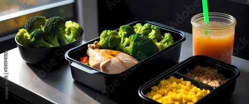 Brightly lit image of a meal prep container filled with perfectly portioned chicken quinoa and steamed broccoli sitting alongside a preworkout drink photo