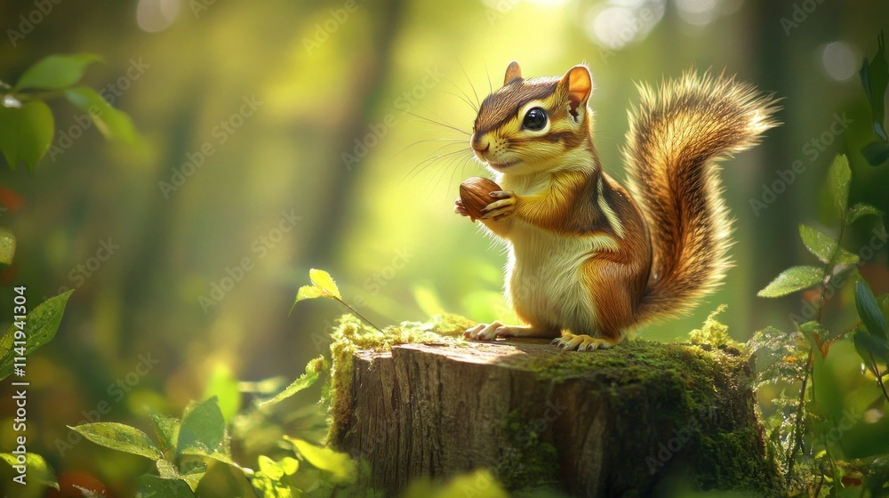 Chipmunk holds nut, forest background.