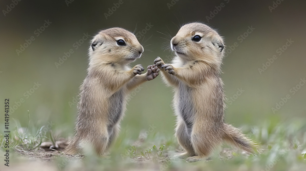 Fototapeta premium Engaging black tailed prairie dog babies playing together joyfully