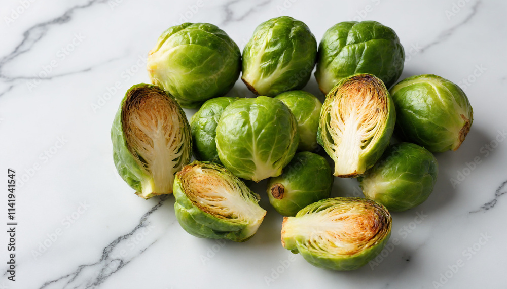 Halved Brussels sprouts in a modern minimalist style with vibrant green and caramel tones, representing freshly roasted vegetables Halved Brussels sprouts in a modern minimalist style with vibrant green and caramel tones, representing freshly roasted vegetables