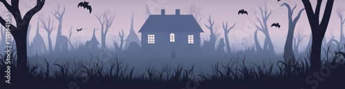 Spooky, isolated house in misty woods with bats at dusk. photo