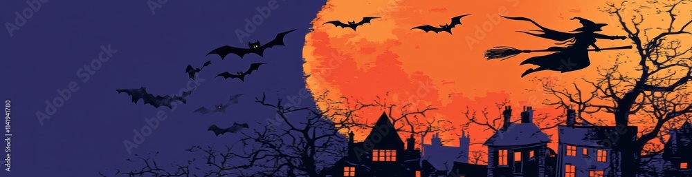 Witch flies on broom over houses, bats flying in night with big moon. Witch flies on broom over houses, bats flying in night with big moon.