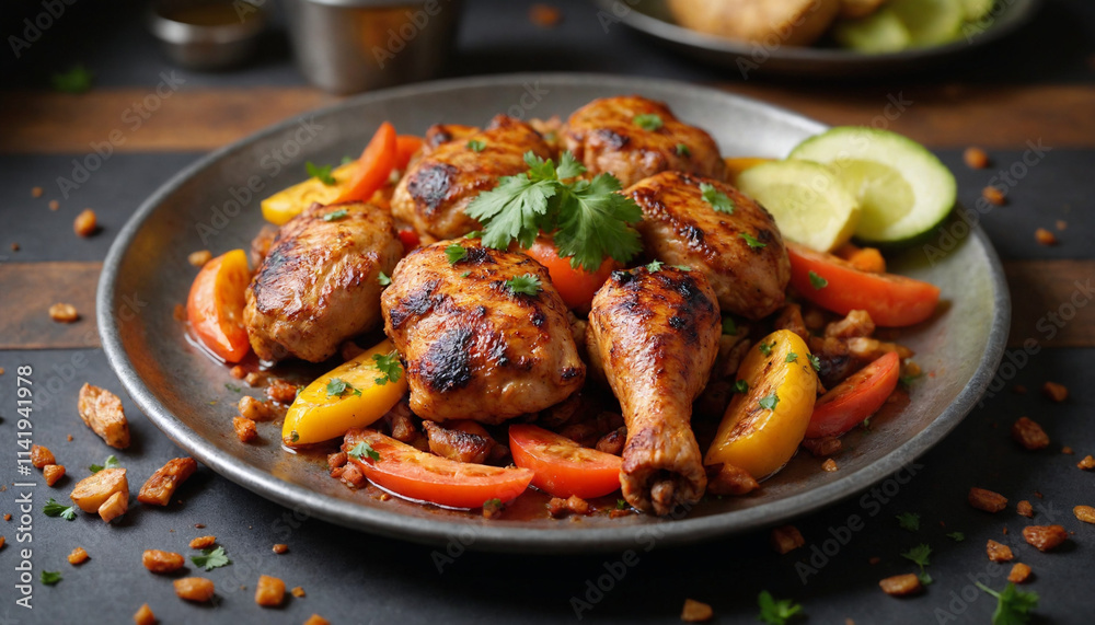 Fajitas in a vibrant style with warm colors, served on a brushed steel plate Fajitas in a vibrant style with warm colors, served on a brushed steel plate