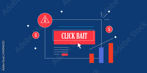 Mouse cursor pushes click bait button, online scam and phishing alert, filled outline design concept.