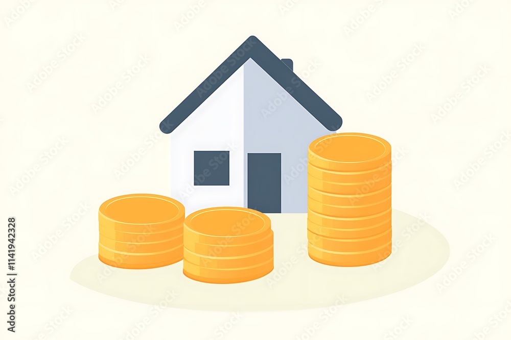 Stack of golden coins beside a house icon symbolizing home loan investment Stack of golden coins beside a house icon symbolizing home loan investment