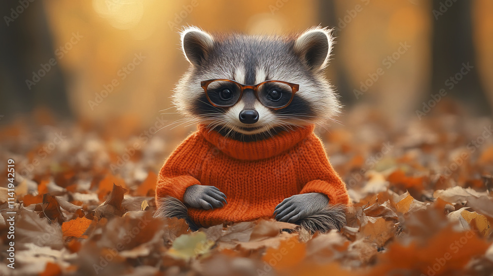 raccoon wearing glasses and orange sweater sits among autumn leaves raccoon wearing glasses and orange sweater sits among autumn leaves