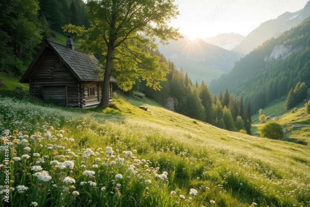 Fototapeta premium A tranquil meadow blanketed in wildflowers, with a small wooden cabin on the lower-left third under soft morning light 