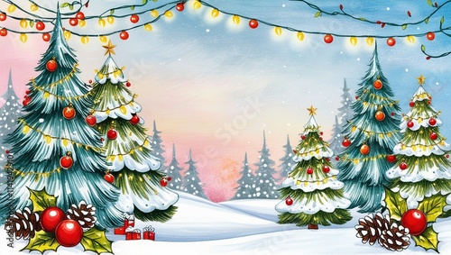 A warm and inviting Christmas-themed background illustration featuring a serene winter wonderland scene with snow-covered evergreen trees, adorned with golden fairy lights and red ornaments, set again