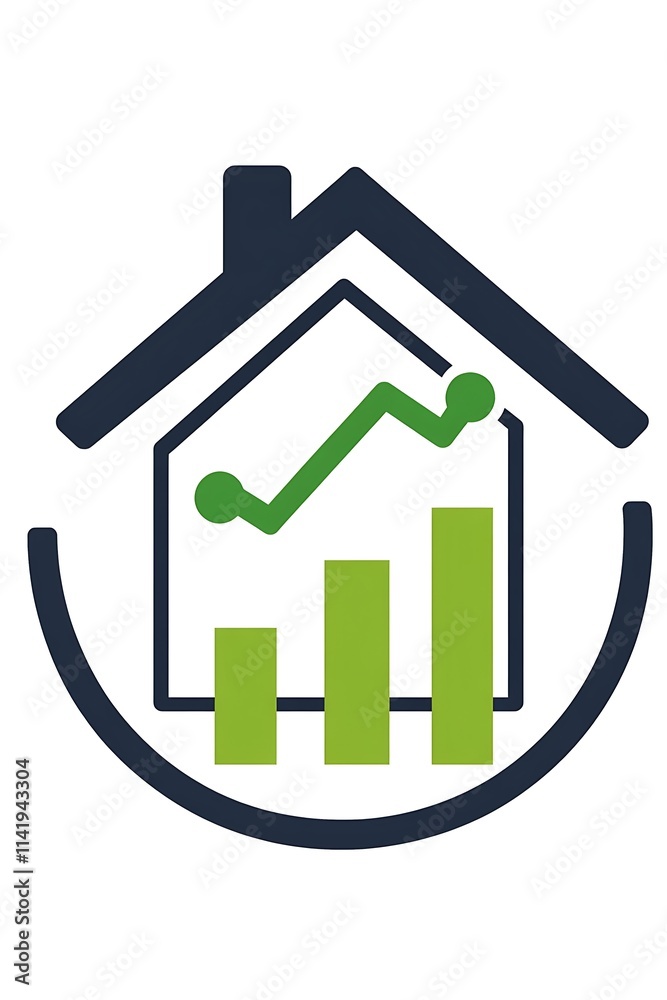 House symbol inside a circle with a rising green line graph indicating growth in loans House symbol inside a circle with a rising green line graph indicating growth in loans