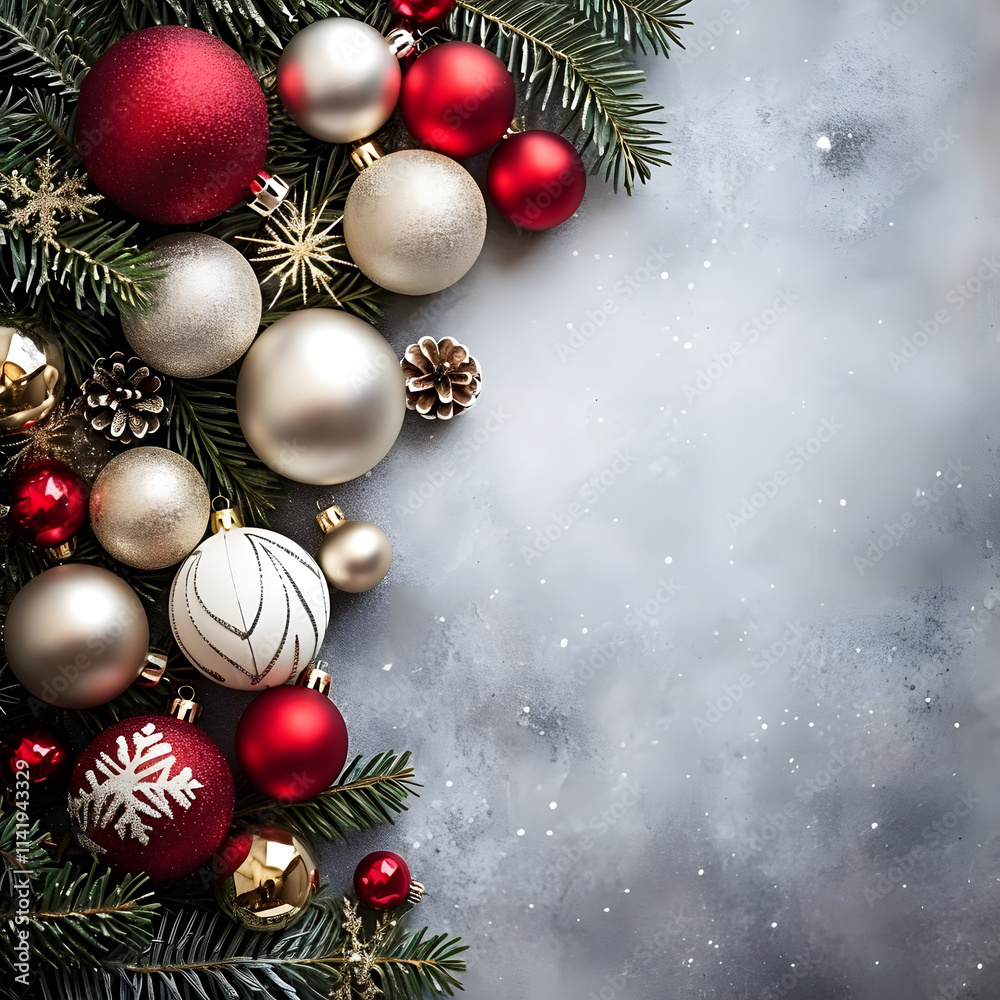 Christmas ornaments and pine branches on a gray background Christmas ornaments and pine branches on a gray background