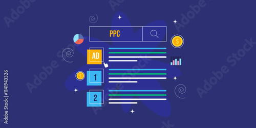 PPC text on search bar, paid advertising contextual link display ahead of organic website, business conversion data, performance analytics, pay per click concept on dark background.