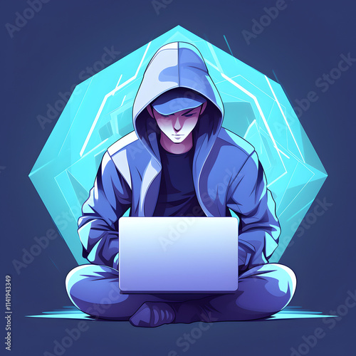 Hooded hacker working on laptop with futuristic digital background