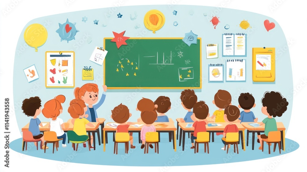 Kids with teacher in a classroom at desks facing blackboard. Kids with teacher in a classroom at desks facing blackboard.