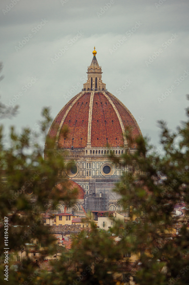 Fototapeta premium Dôme de Florence sous les nuages vu à travers des arbres