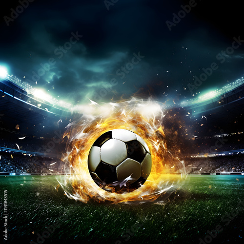 Fiery soccer ball in stadium under dramatic lights