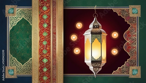 A beautifully ornate Arabic lantern glows softly, its warm golden light symbolizing the joy and spirituality of Ramadan celebrations, set against a richly detailed and intricate background illustratio