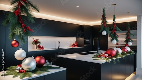 sleek, dark matte modern kitchen with clean lines and minimalist decor, rendered in highly detailed 3D, is transformed into a winter wonderland with festive holiday accents, featuring lush green pine 