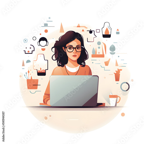 Woman working on laptop in modern abstract illustration