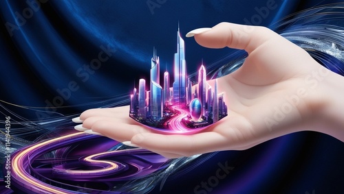 A vibrant, futuristic modern art collage featuring a delicate, porcelain-skinned hand with slender fingers and neatly trimmed fingernails, gently cradling a mesmerizing, neon-lit cityscape with sleek 