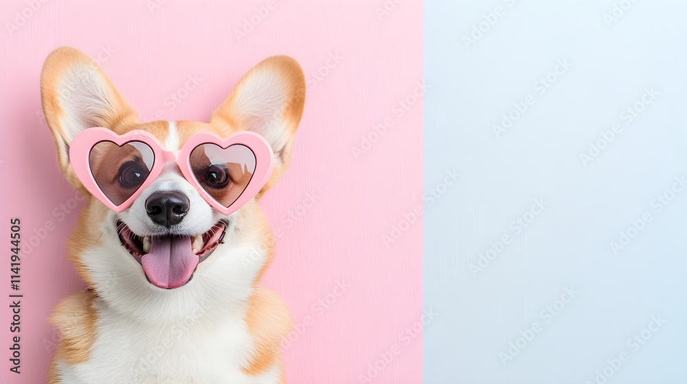 Happy cute dog on pastel background. Funny corgi puppy in pink heart shaped Valentine's day sunglasses. greeting card, banner for Women's and Mother's day, birthday, wedding with copy space.