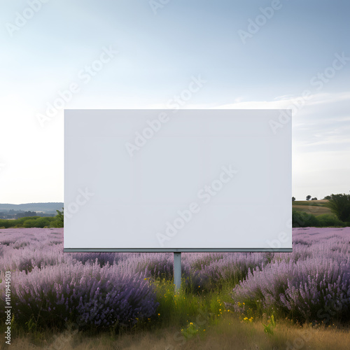 Blank billboard in lavender field under clear sky