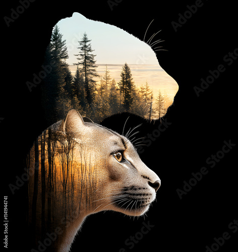 A double exposure portrait of a majestic black panther in profile against the backdrop of dense jungle and a sunrise sky. The image has a black background,  photo