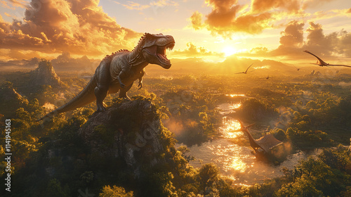 Fototapeta Naklejka Na Ścianę i Meble -  T Rex roaring atop cliff during stunning sunset, surrounded by lush landscapes