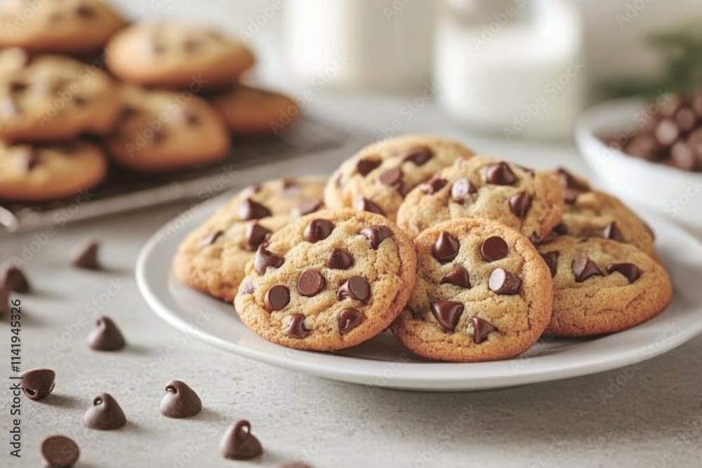 Delicious Chocolate Chip Cookies Stacked On Plate Delicious Chocolate Chip Cookies Stacked On Plate