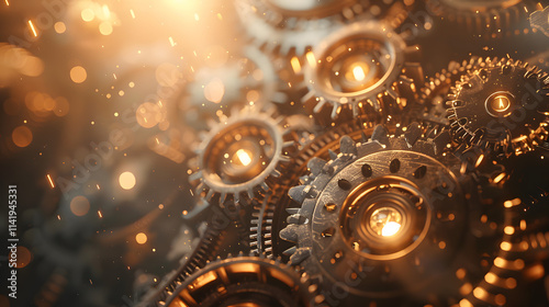 Glowing metal gears in motion with sparks and warm light