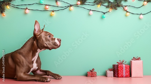 A dog surrounded by colorful lights and beautifully wrapped presents.  Christmas and New Year festive concept with copy space.