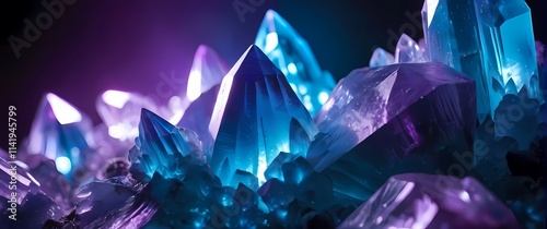 Detailed view of germanium crystals their reflective surfaces glowing with faint purples and blues under sharp light photo