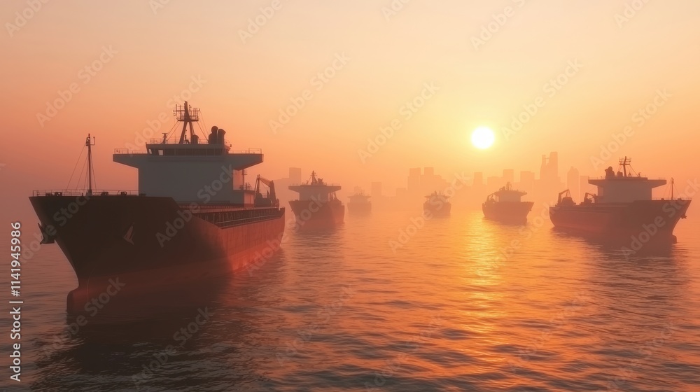 Pollution and smoke solutions, A serene sunrise over a misty harbor, with silhouettes of cargo ships gently floating on calm waters, creating a tranquil atmosphere. Pollution and smoke solutions, A serene sunrise over a misty harbor, with silhouettes of cargo ships gently floating on calm waters, creating a tranquil atmosphere.