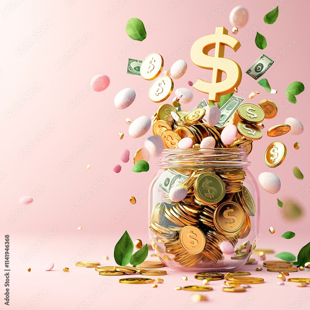 Income family concept. A jar overflowing with gold coins and colorful candies, with a dollar sign above, creating a festive and prosperous atmosphere.