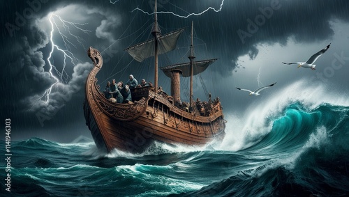 A majestic wooden boat, intricately detailed with ornate carvings, sails through the turbulent sea, amidst a torrential downpour, as Noah's Ark navigates the biblical flood, with dark grey clouds swir