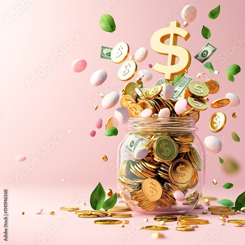 Obraz na płótnie Income family concept. A jar overflowing with gold coins and colorful candies, with a dollar sign above, creating a festive and prosperous atmosphere. w salonie