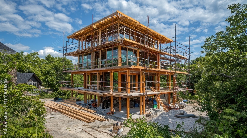 Multi-story house under construction with wood frame. Multi-story house under construction with wood frame.