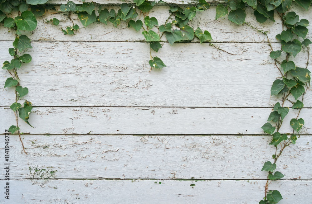 Green ivy crawls on aged white wooden planks. Green ivy crawls on aged white wooden planks.
