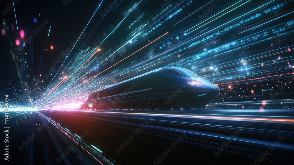 Fast train speeds through light streams. Fast train speeds through light streams.