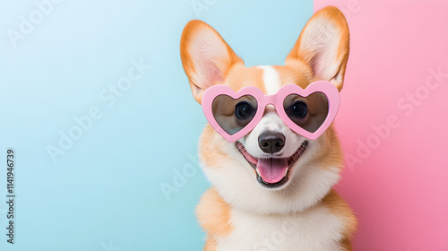 Happy cute dog on pastel background. Funny corgi puppy in pink heart shaped Valentine's day sunglasses. greeting card, banner for Women's and Mother's day, birthday, wedding with copy space.