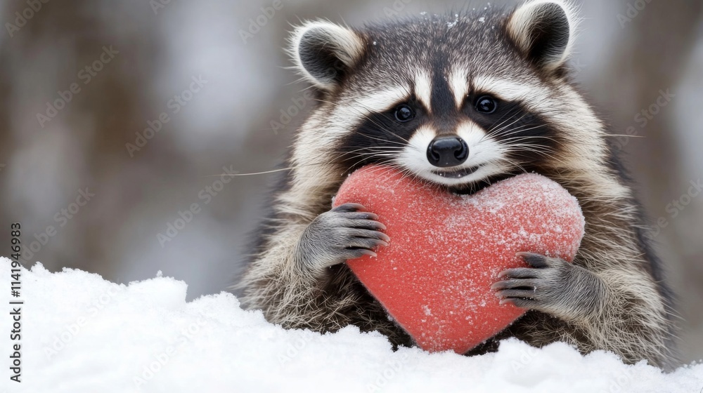 Obraz premium Raccoon Holding Red Heart In Snowy Winter