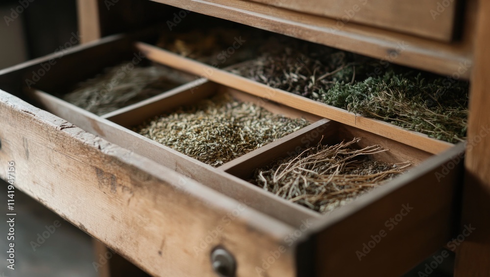 Open drawer holds dried herbs in compartments. Open drawer holds dried herbs in compartments.
